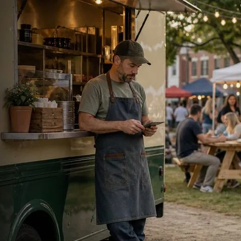 Food truck owner checking his phone beside the truck at an evening market