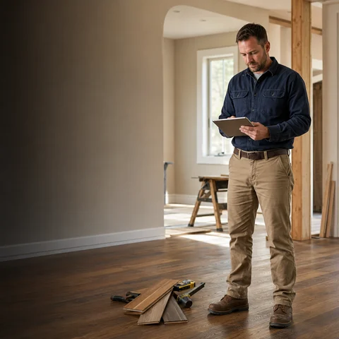 Home remodeling contractor reviewing a tablet on a flooring project