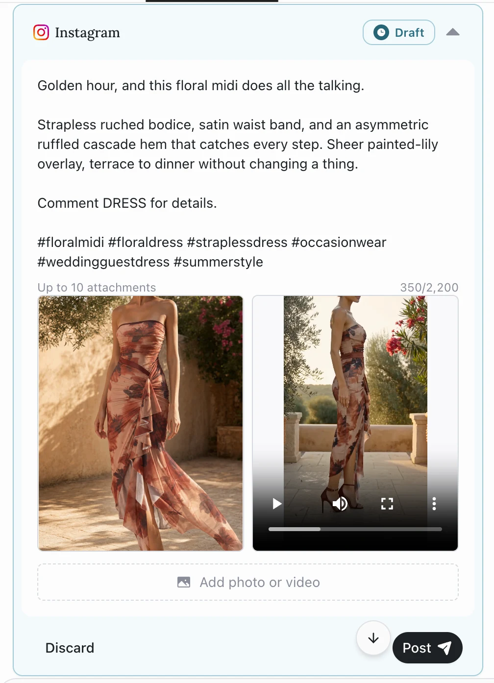 Instagram draft with generated dress media and caption